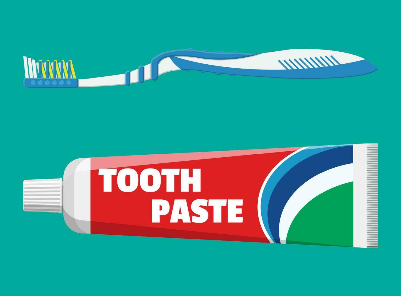 Toothbrush, toothpaste in tube. Brushing teeth. Dental equipment. Hygiene and oralcare. Vector illustration in flat style