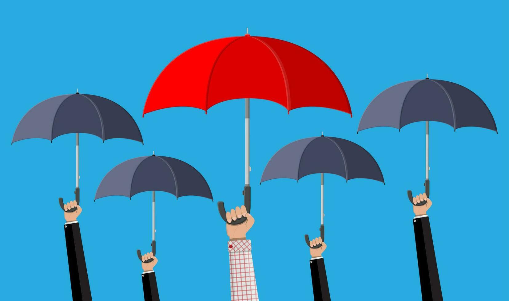 Man with red umbrella in the crowd with grey umbrellas. Human diversity, uniqueness and individuality. Concept of difference. Vector illustration in flat style