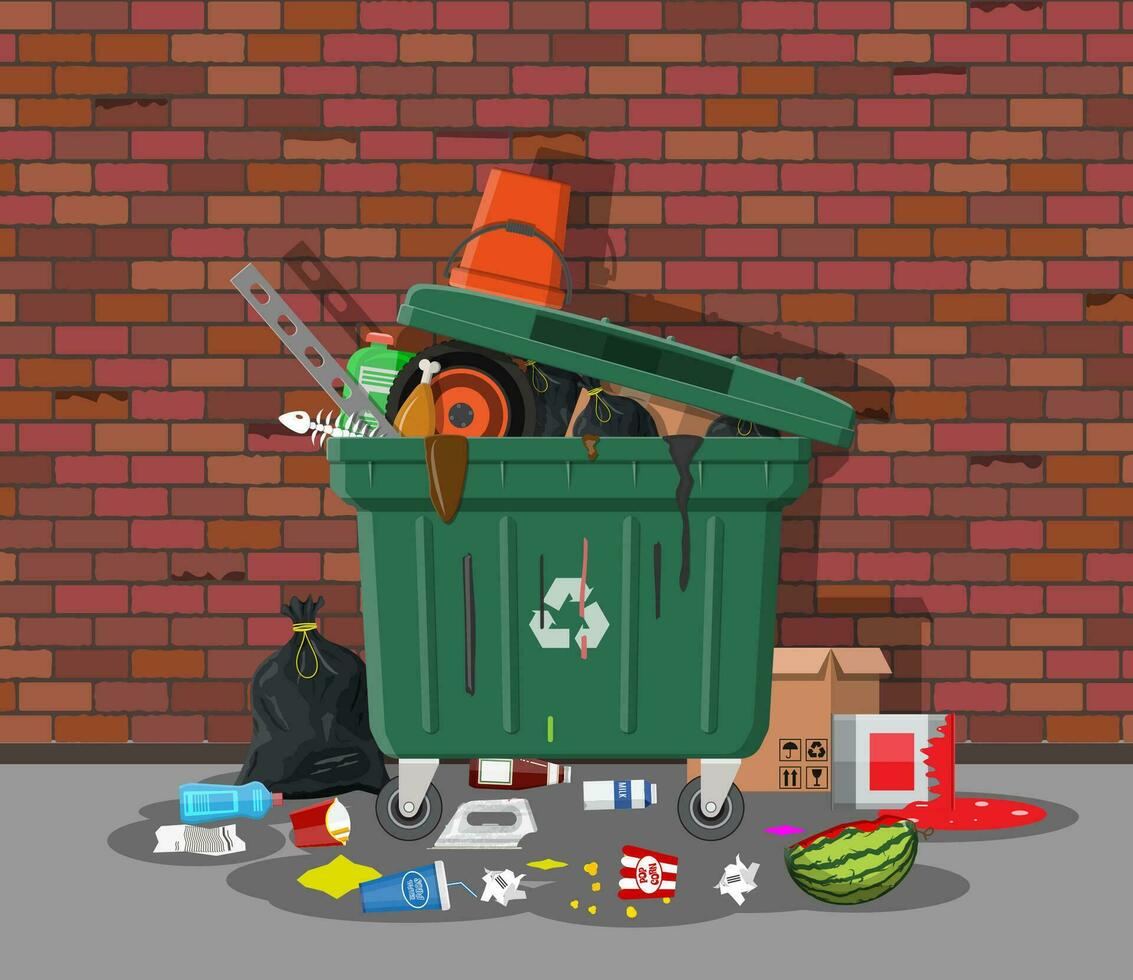Plastic garbage bin full of trash. Overflowing garbage, food, rotten fruit, papers,containers and glass. Garbage recycling and utilization equipment. Waste management Vector illustration in flat style