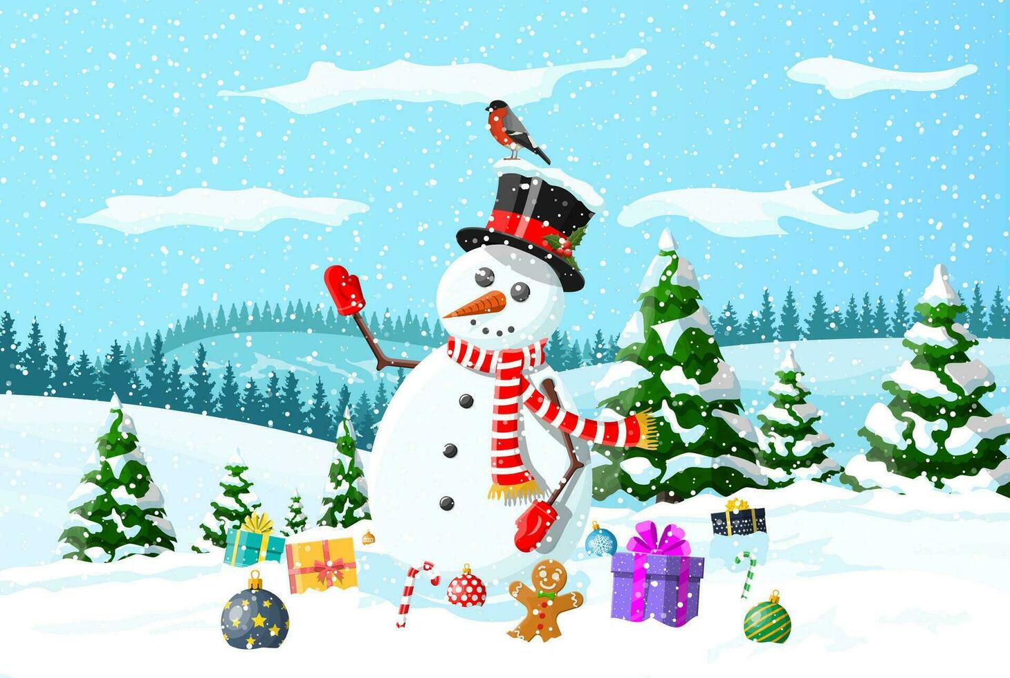 Winter christmas background. Snowman, gifts, pine tree and snow. Winter landscape with fir trees forest and snowing. Happy new year celebration. New year xmas holiday. Vector illustration flat style