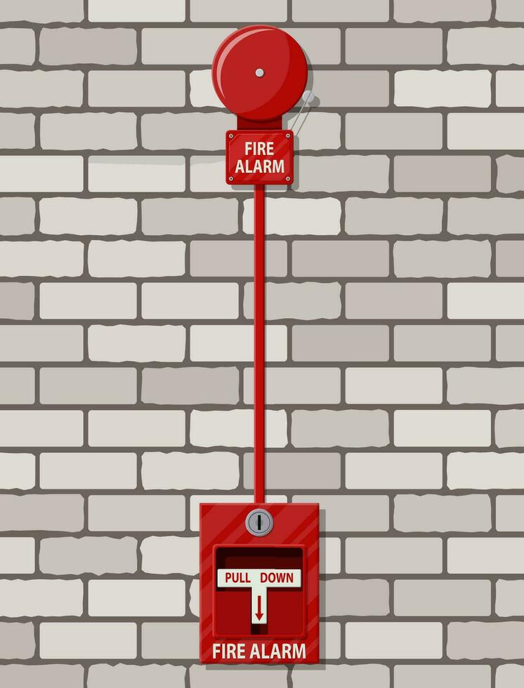 Fire alarm system at brick wall. Fire equipment. Vector illustration in flat style