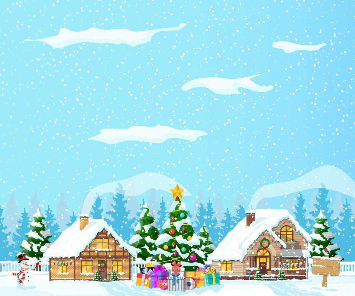 Suburban houses covered snow. Building in holiday ornament. Christmas landscape tree spruce, snowman. Happy new year decoration. Merry christmas holiday. New year xmas celebration. Vector illustration