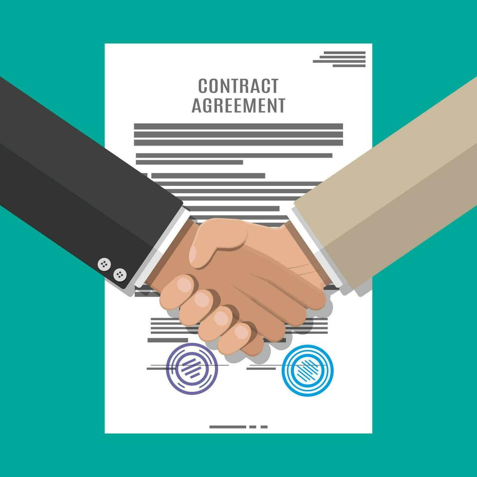 Contract agreement paper blank with seal and handshake. Businessmen shake hands after successful deal. Vector illustration in flat style