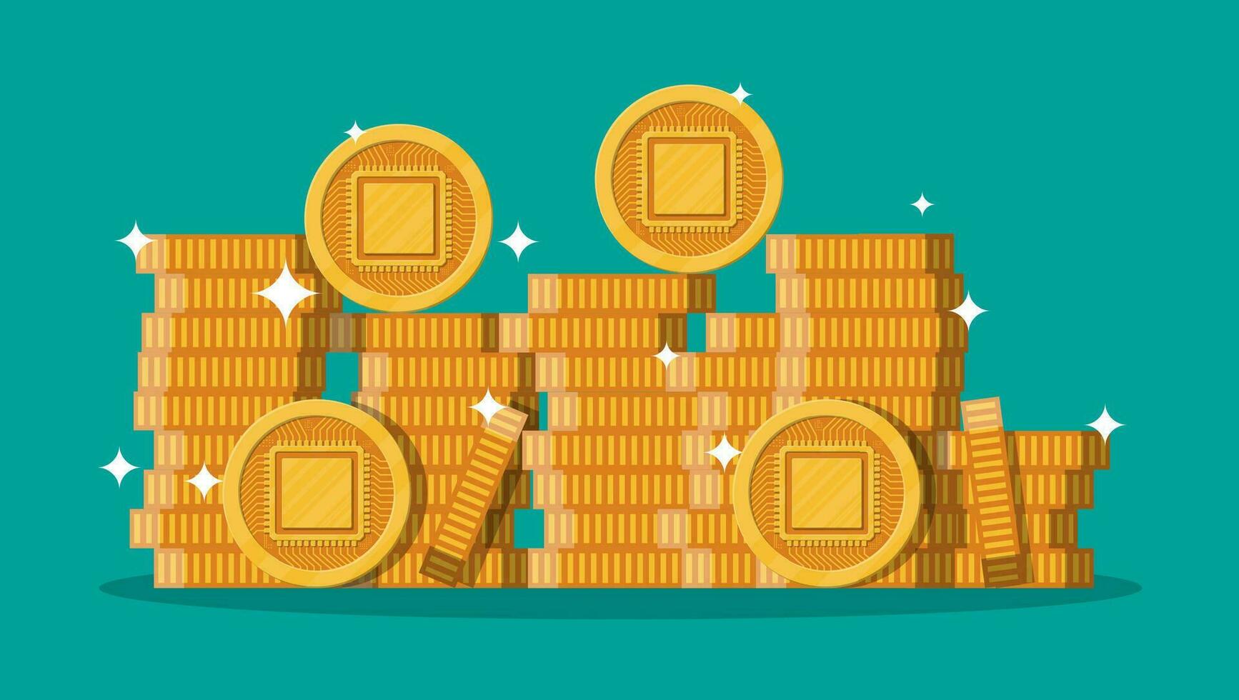 Stack of golden coin with computer chip. Money and finance. Digital currency. Virtual money, cryptocurrency and digital payment system. Vector illustration in flat style