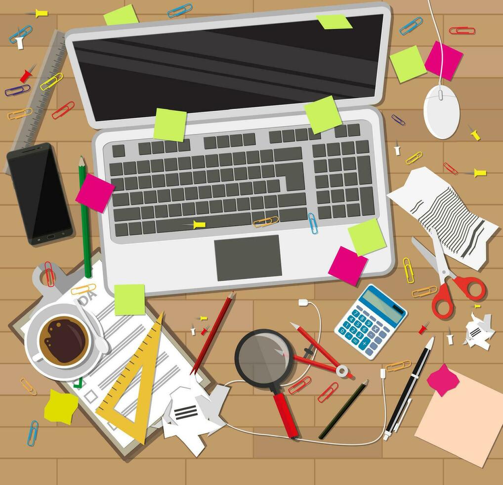 Creative mess on wooden desk. chaos on table. vector illustration in flat style