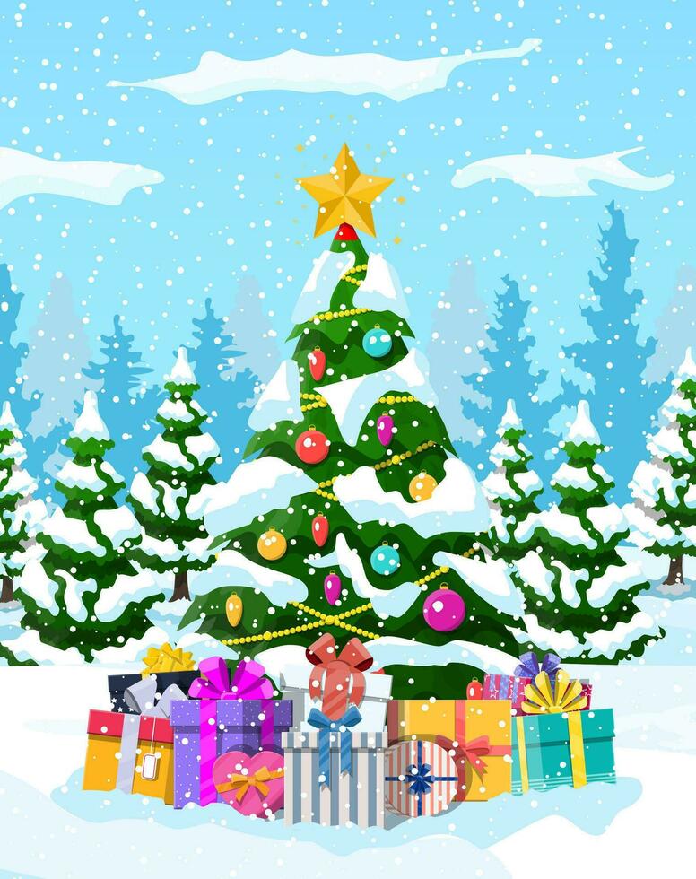 Christmas background. Christmas tree with garlands and balls, gift boxes. Winter landscape fir trees forest snowing. Happy new year celebration. New year xmas holiday. Vector illustration flat style