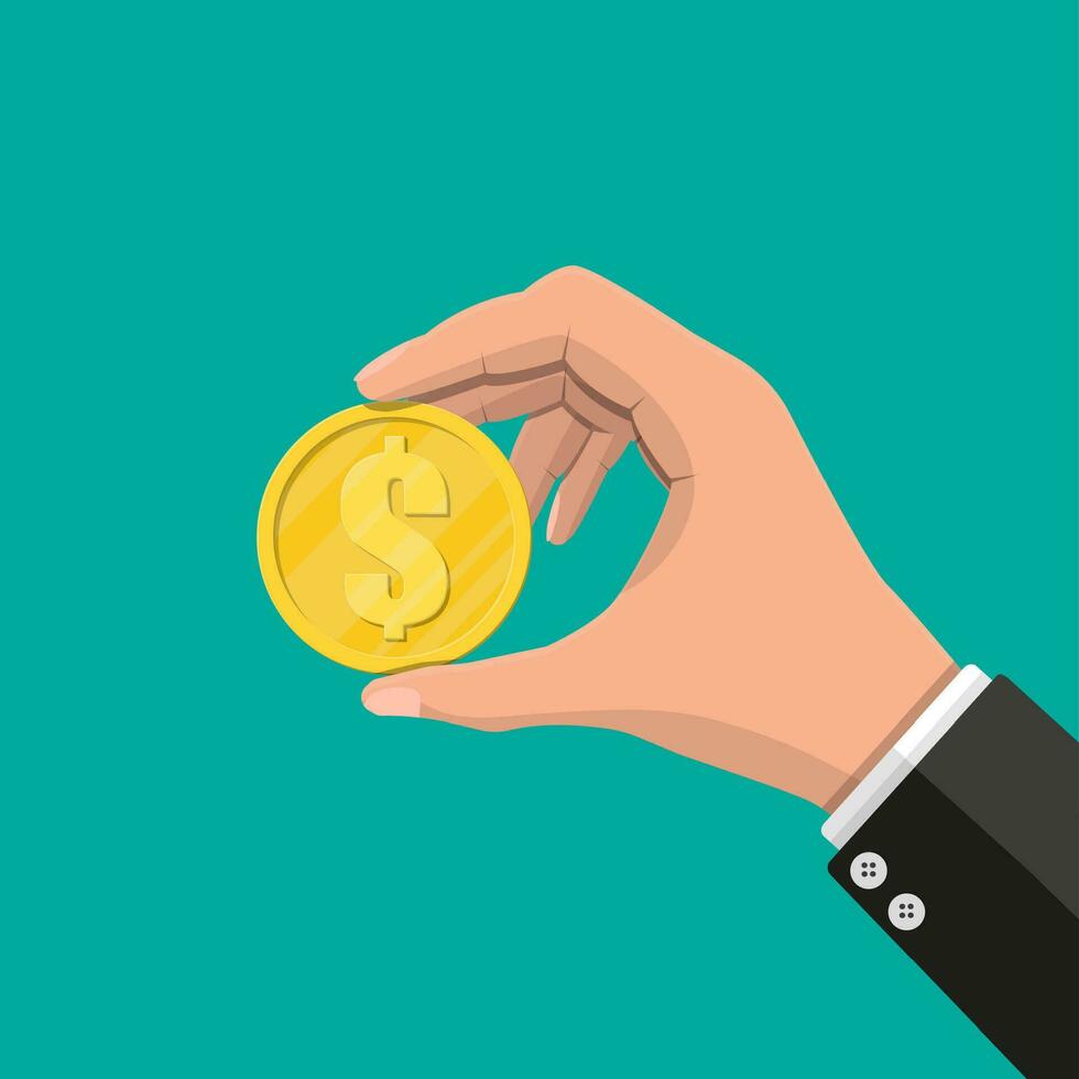 Gold coin in hand. Golden coin with dollar sign. Growth, income, savings, investment. Symbol of wealth. Business success. Flat style vector illustration.