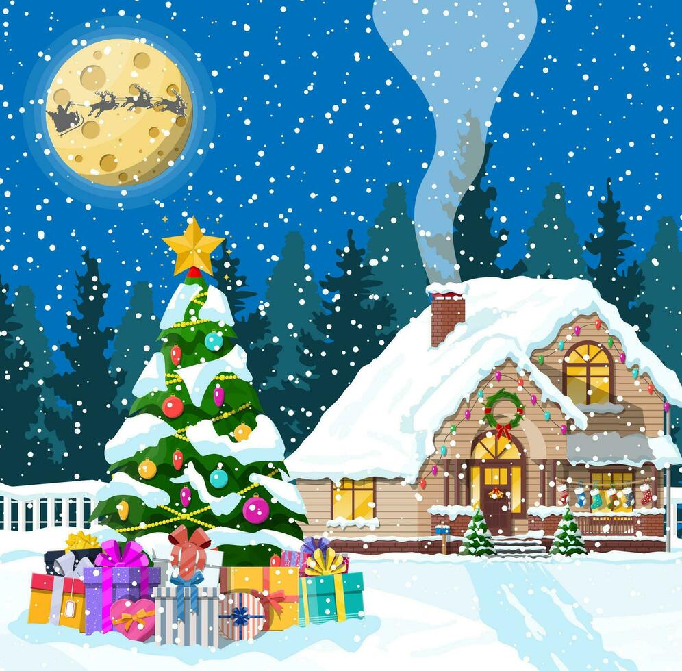 suburbano casa cubierto nieve. edificio en fiesta ornamento. Navidad paisaje árbol, Papa Noel trineo renos nuevo año decoración. alegre Navidad fiesta Navidad celebracion. vector ilustración