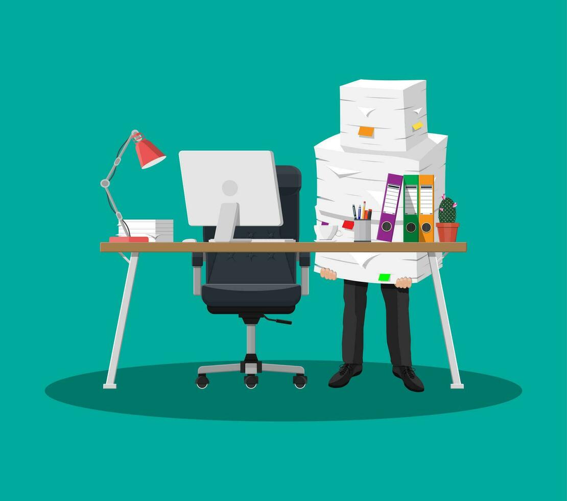 Businessman holds pile of office papers and documents. Documents and file folders on table. Office documents heap. Routine, bureaucracy, big data, paperwork, office. Vector illustration in flat style
