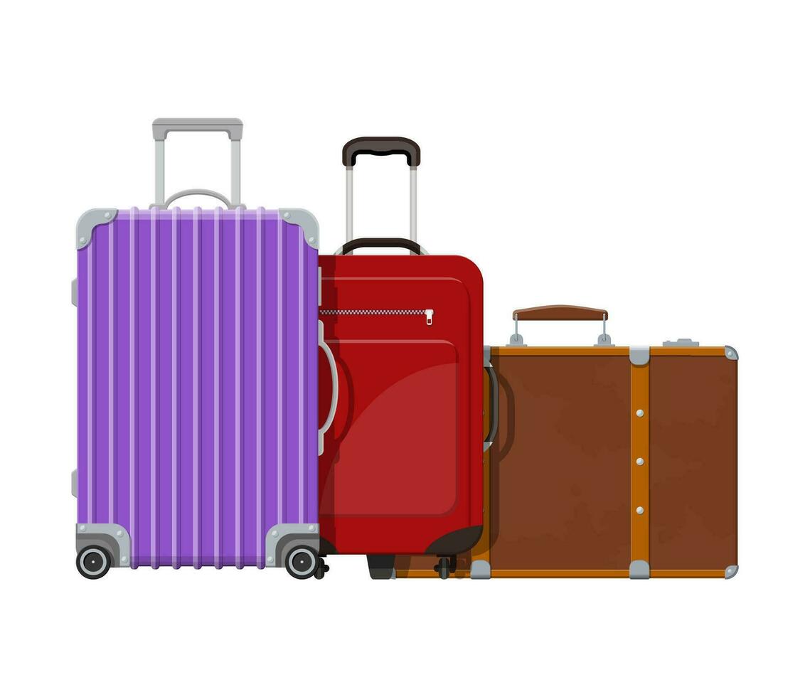 moderno y Clásico viaje bolsa. el plastico y cuero caso. carretilla en ruedas viaje equipaje y equipaje. vector ilustración en plano estilo