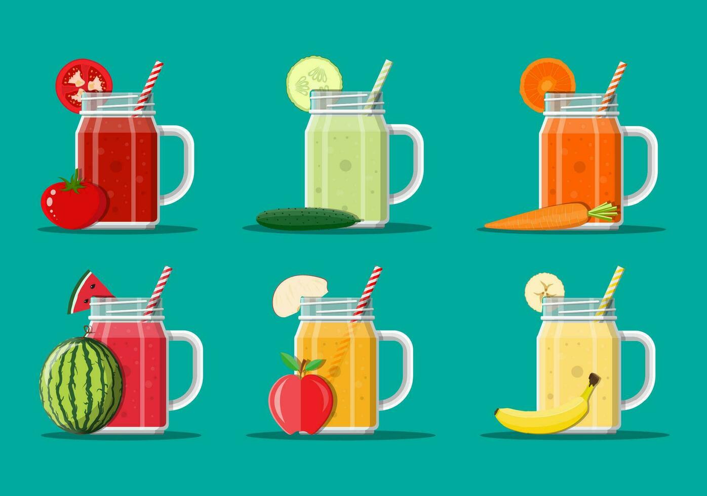 tarro con sandía, manzana, banana, tomate, pepino, Zanahoria zalamero con a rayas paja. vaso para cócteles con manejar. Fresco vegetal y Fruta jugo colocar. vector ilustración en plano estilo