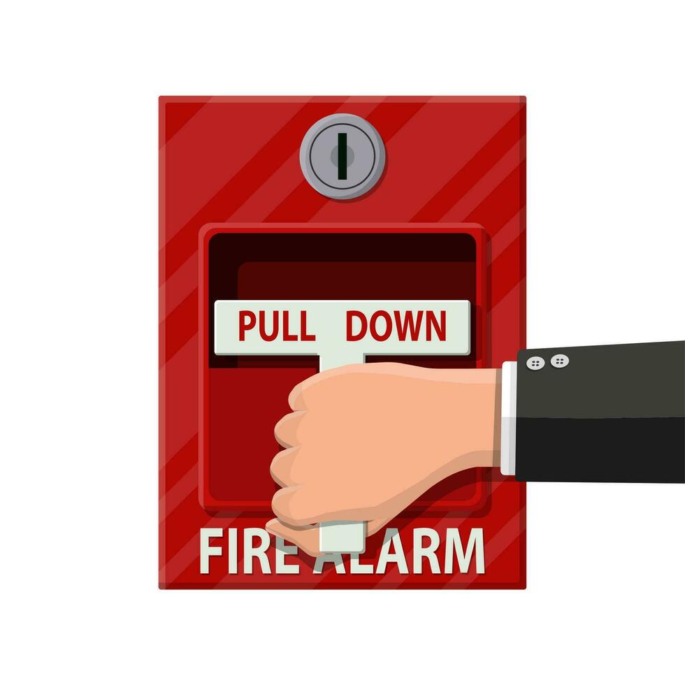 Hand switch fire alarm system. Fire equipment. Vector illustration in flat style