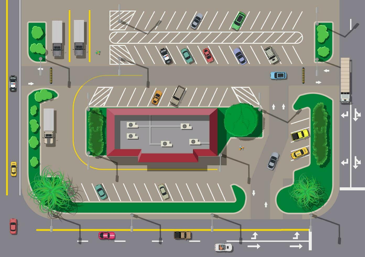 rápido comida café restaurante y estacionamiento para carros. ciudad estacionamiento lote con diferente carros. para llevar Rápido ventana. estacionamiento zona parte superior ver con varios vehículos ciudad vida. vector ilustración en plano estilo