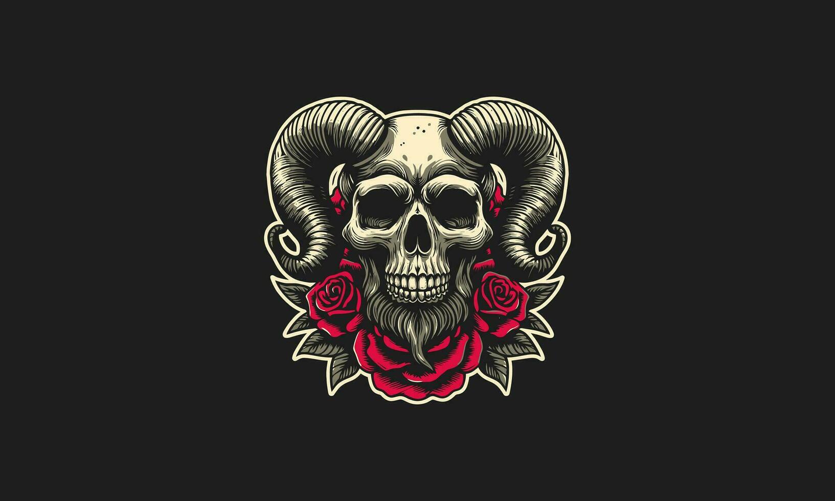 head skull with horn and red rose vector tattoo design