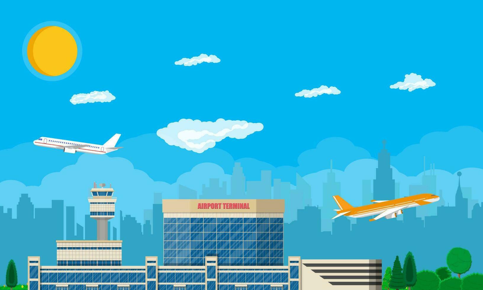 Aircraft above the ground. Airport control tower, terminal building and parking area. Cityscape. Sky with clouds and sun. Vector illustration in flat style