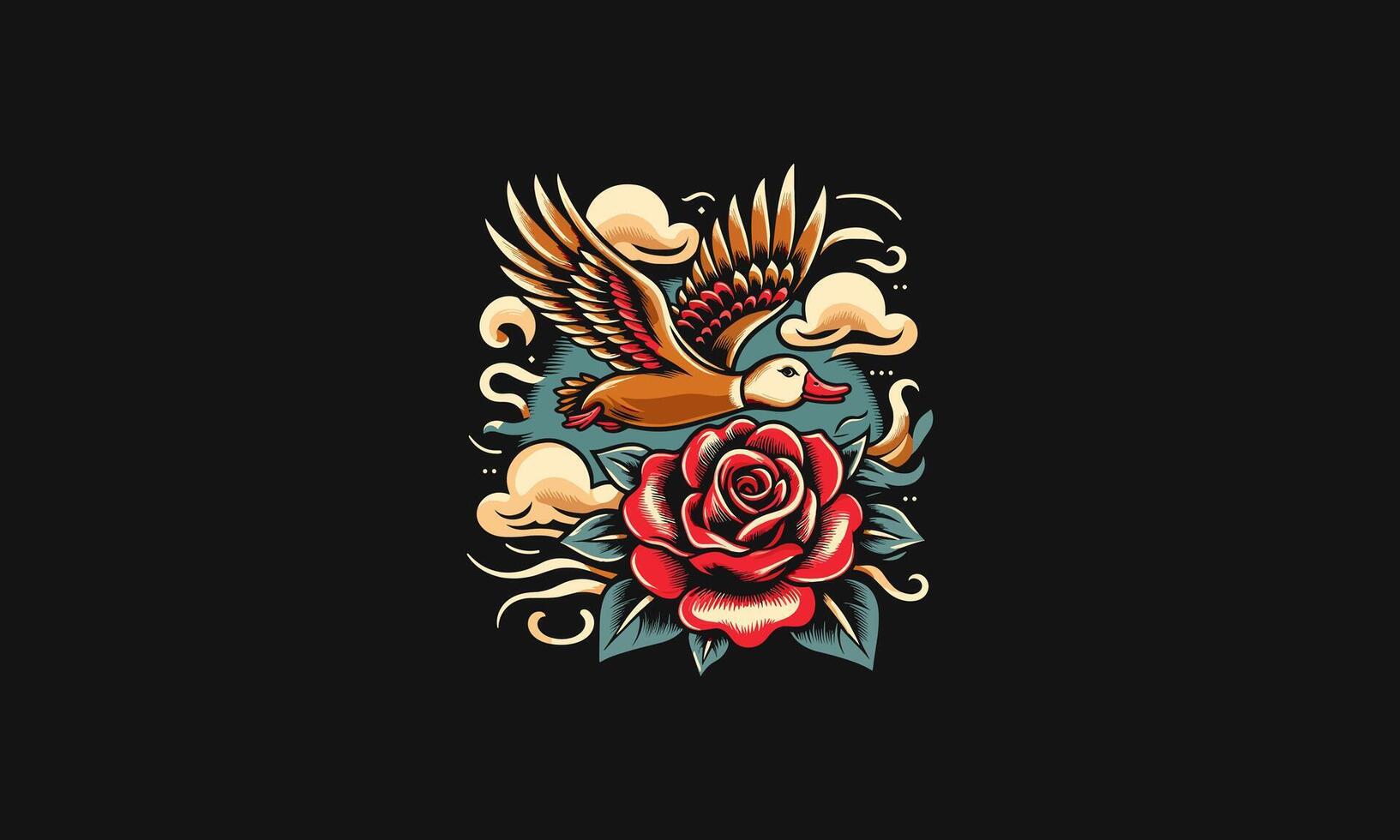 flying duck and rose vector mascot design