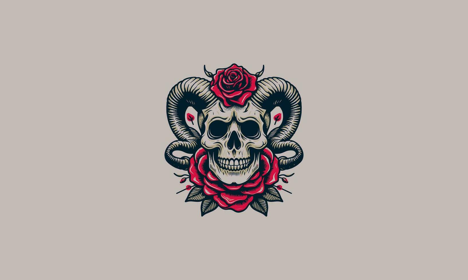 cabeza cráneo con cuerno y rojo Rosa vector tatuaje diseño