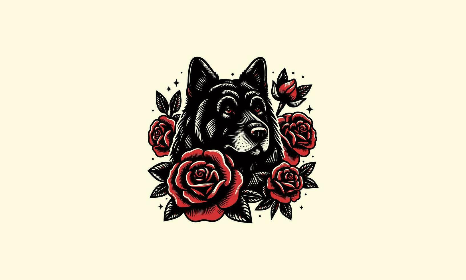 head black dog and red rose vector tattoo design