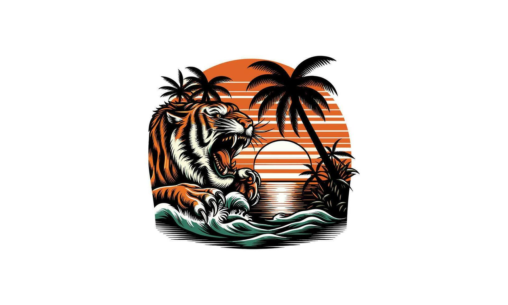 tiger angry and palm on sea sunset vector artwork design