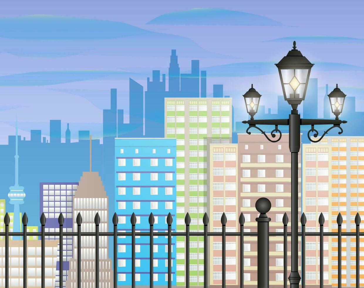 Modern City View. Cityscape with office and residental buildings, iron fence and street lamp, blue background with clouds. vector illustration