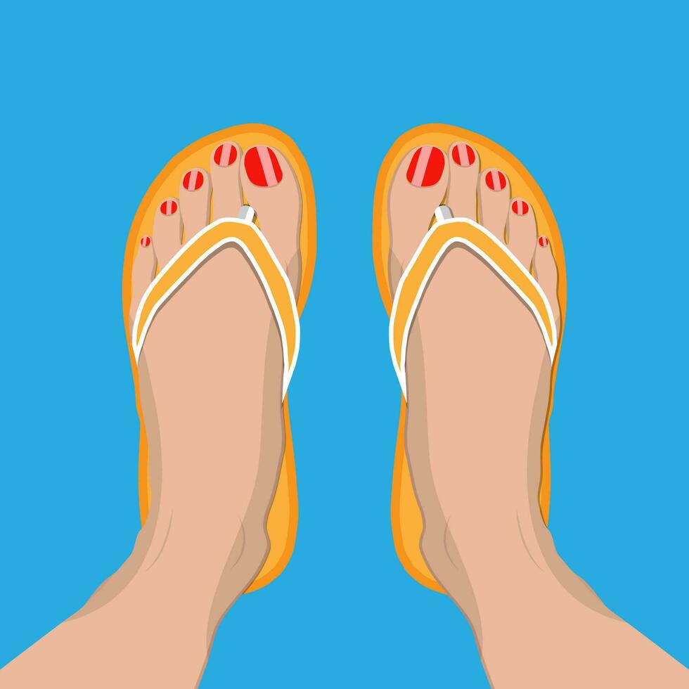 Female feet with red pedicure in summer flip-flops. Woman in slippers. Vector illustration in flat style