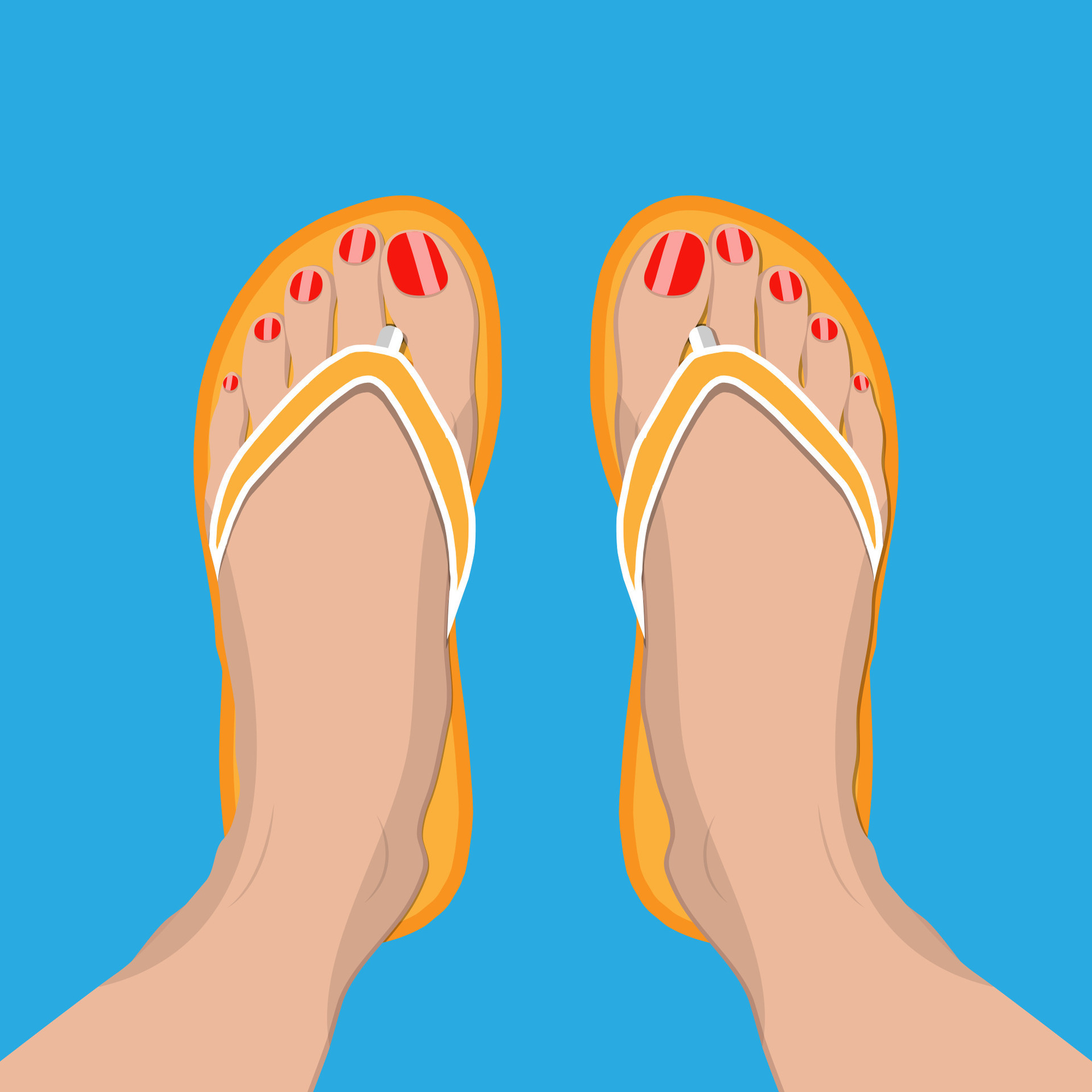 Female feet with red pedicure in summer flip-flops. Woman in slippers ...