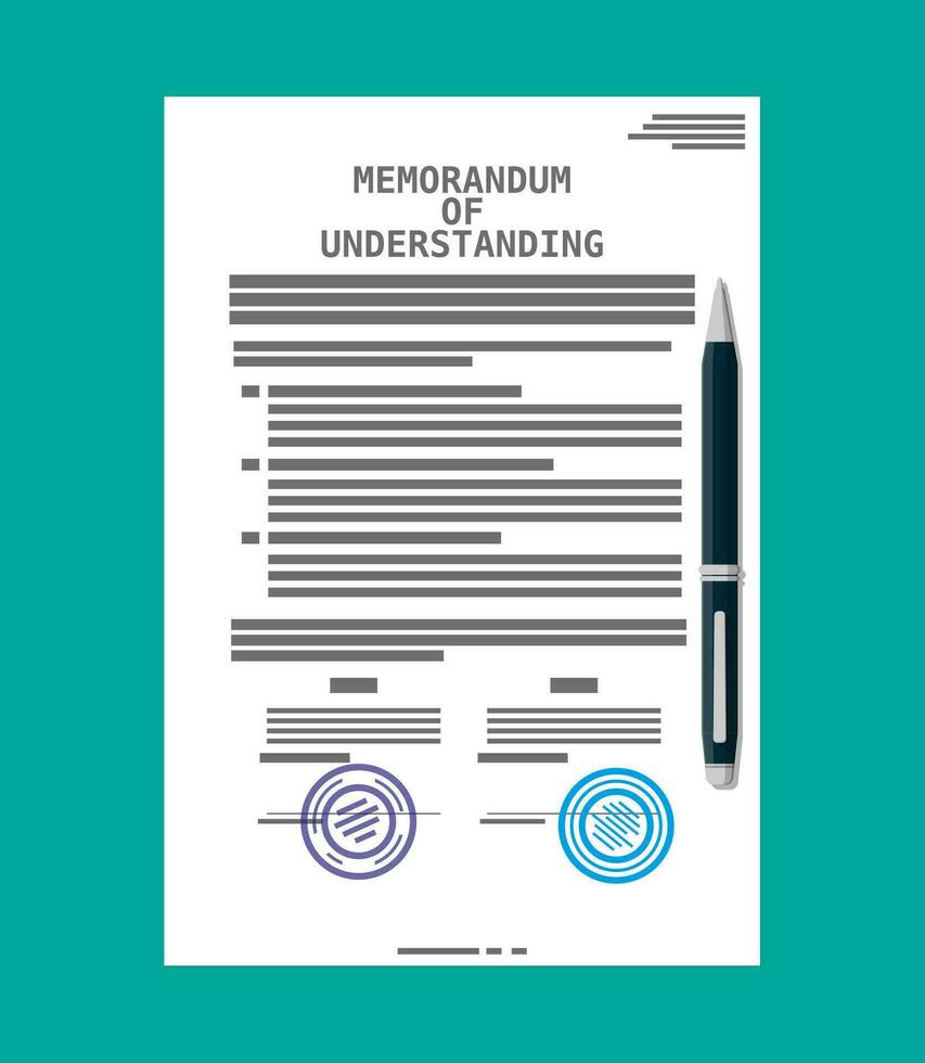 Memorandum of understanding document. Mou legal papers. Contract agreement paper blank with seal. Ballpoint pen. Vector illustration in flat style