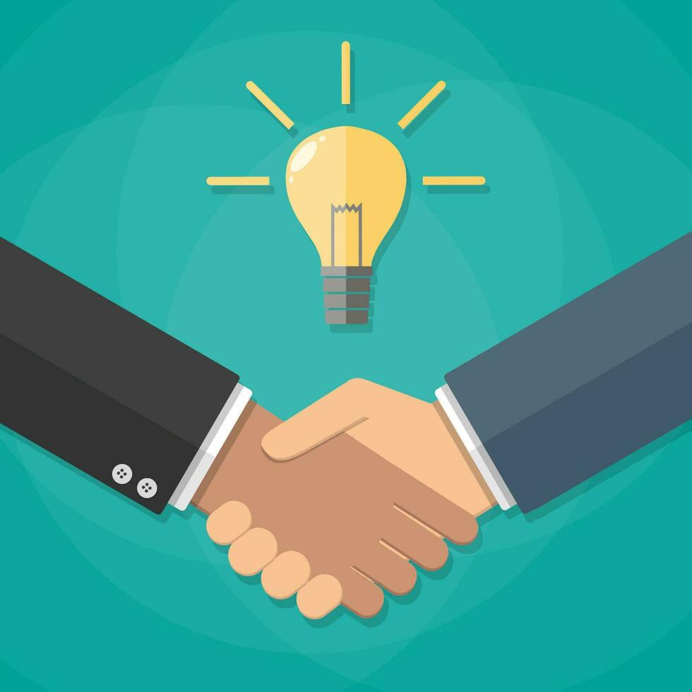 Two businessmen shake hands for a deal, light bulb. Business idea concept. vector illustration in flat design on green background