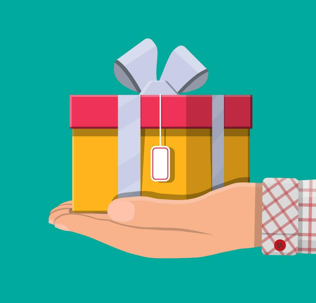 Gift boxes in hand. Colorful wrapped. Sale, shopping. Present boxes different sizes with bows and ribbons. Collection for birthday and holiday. Vector illustration in flat style