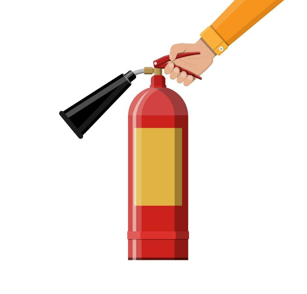 Fire extinguisher in hand. Fire equipment. Vector illustration in flat style