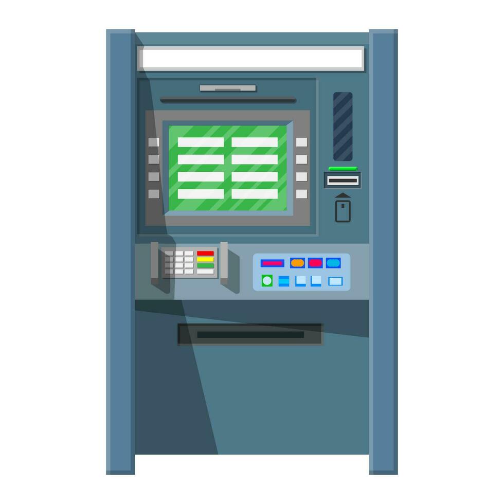 Bank ATM. Automatic teller machine. Program electronic device for payments and withdraw cash from plastic card. Economic, bank and finance industry. Vector illustration in flat style
