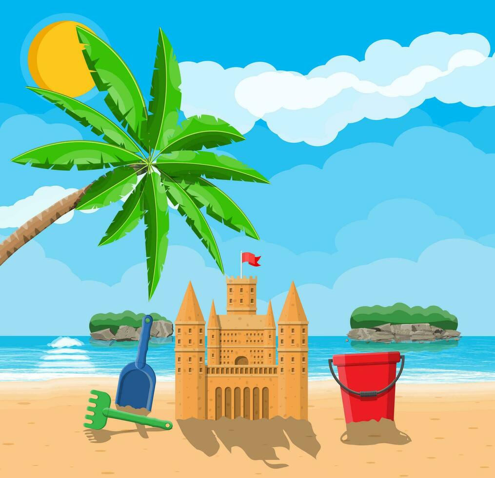 castillo de arena escultura. el plastico Cubeta con rastrillo, pala. fortaleza con torres niños niños ocio divertido juego patio de juegos. playa, isla, palmera, mar, sol, cielo con nubes vector ilustración plano estilo