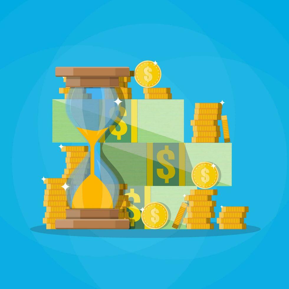 Old style hourglass clocks with dollar coins stacks. Time is money concept. vector illustration. flat style clocks