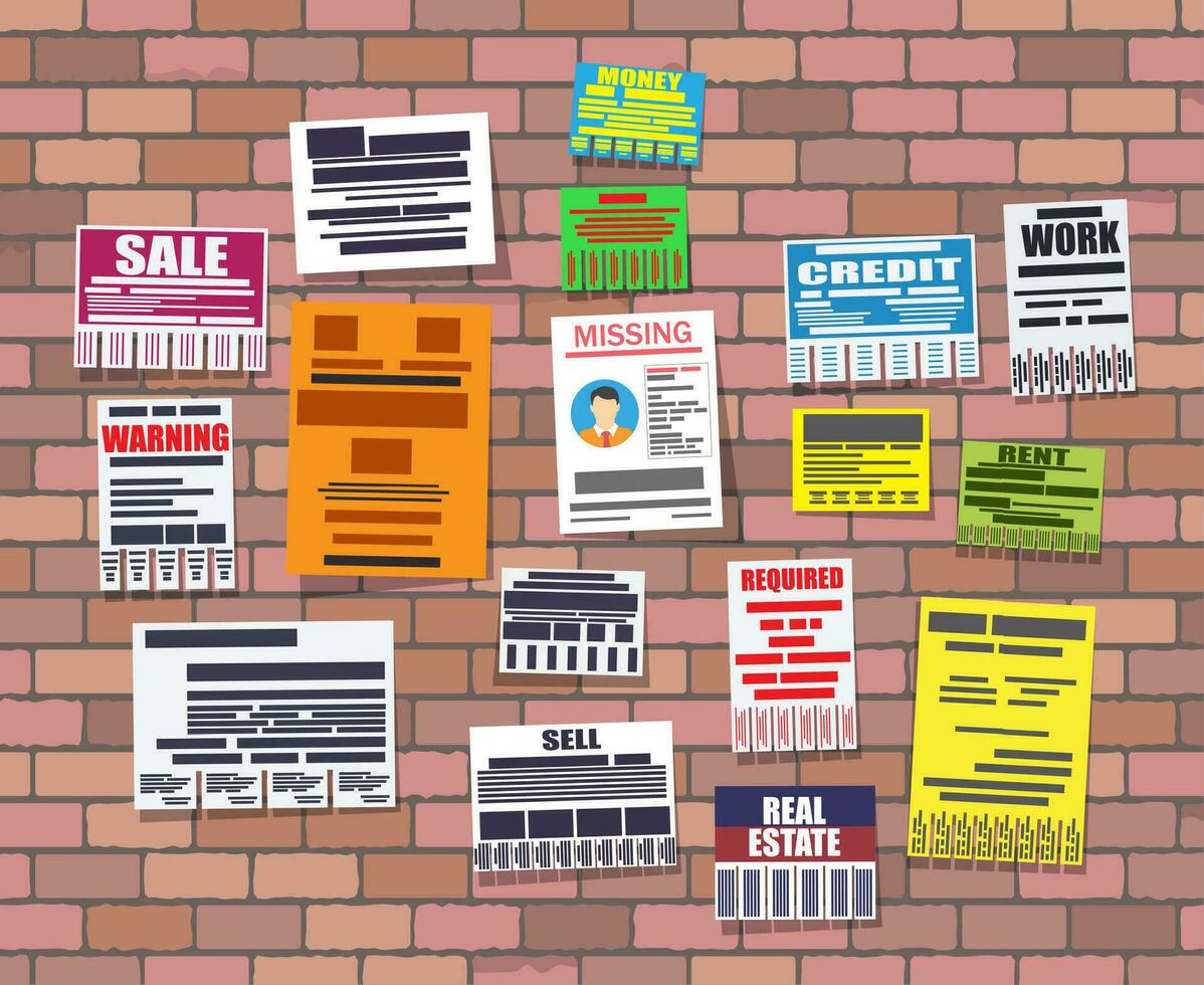Various tear off papers ad on on brick wall. Advertisement and announcement, sell, rent, missing human, credit, work, money. Vector illustration in flat style