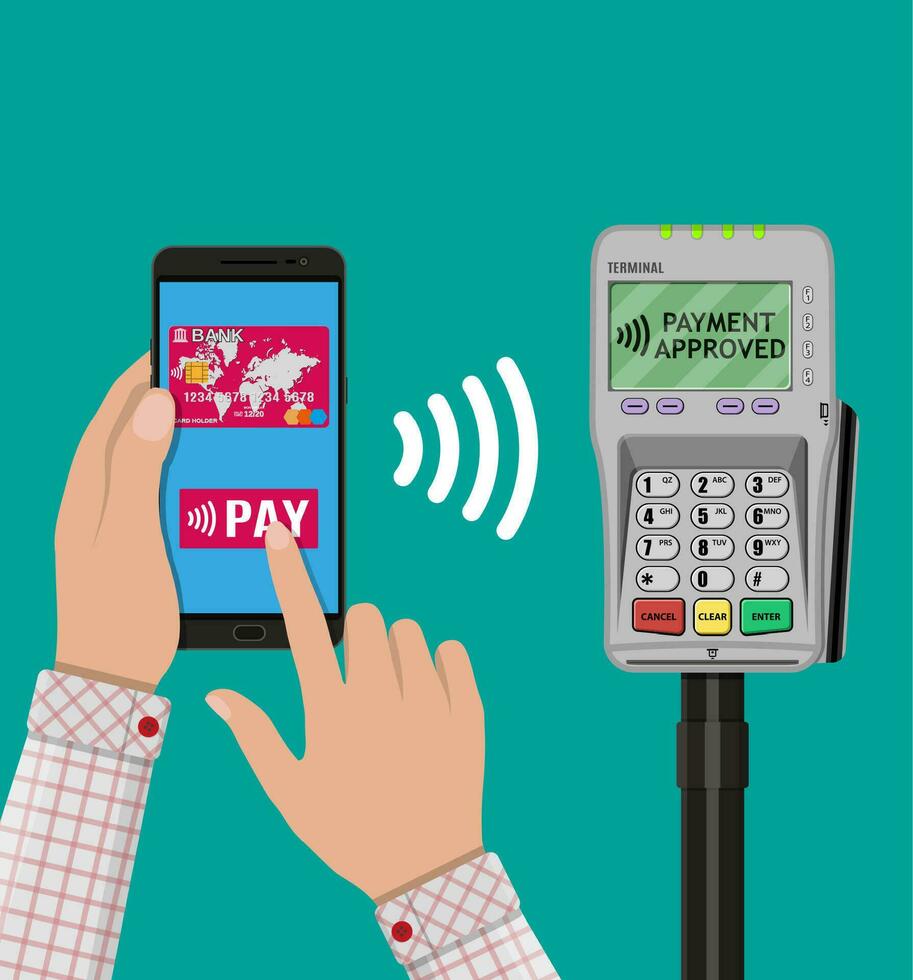 pos terminal confirma el pago por teléfono inteligente vector ilustración en plano diseño. nfc pagos concepto