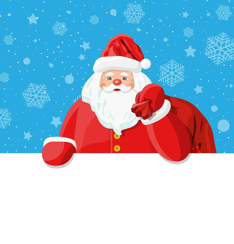 Funny santa claus character greeting. Santa with gift bag and place for text. Happy new year decoration. Merry christmas holiday. New year and xmas celebration. Vector illustration in flat style