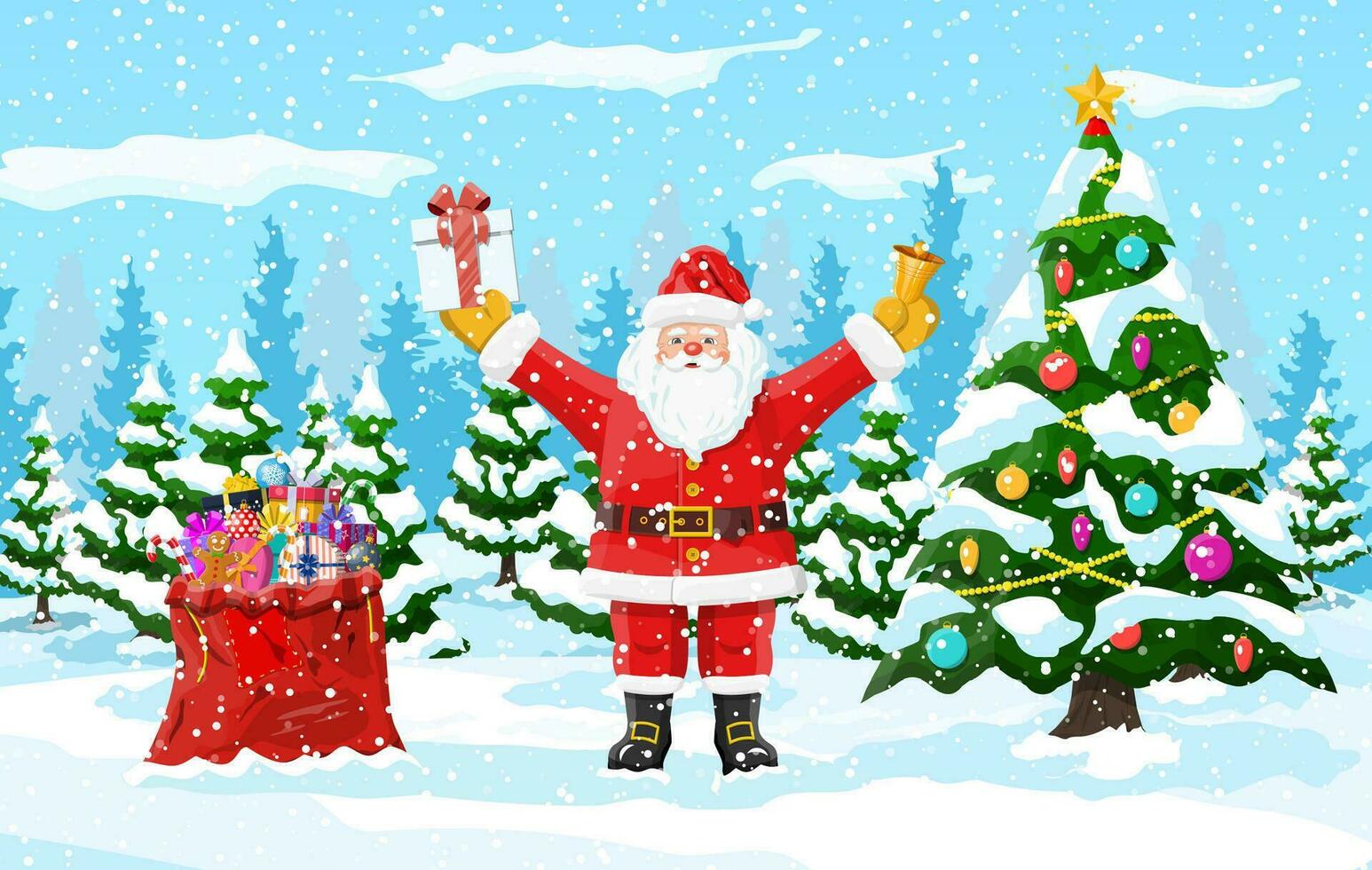Christmas background. Santa claus with bag with gifts. Winter landscape with fir trees forest and snowing. Happy new year celebration. New year xmas holiday. Vector illustration flat style