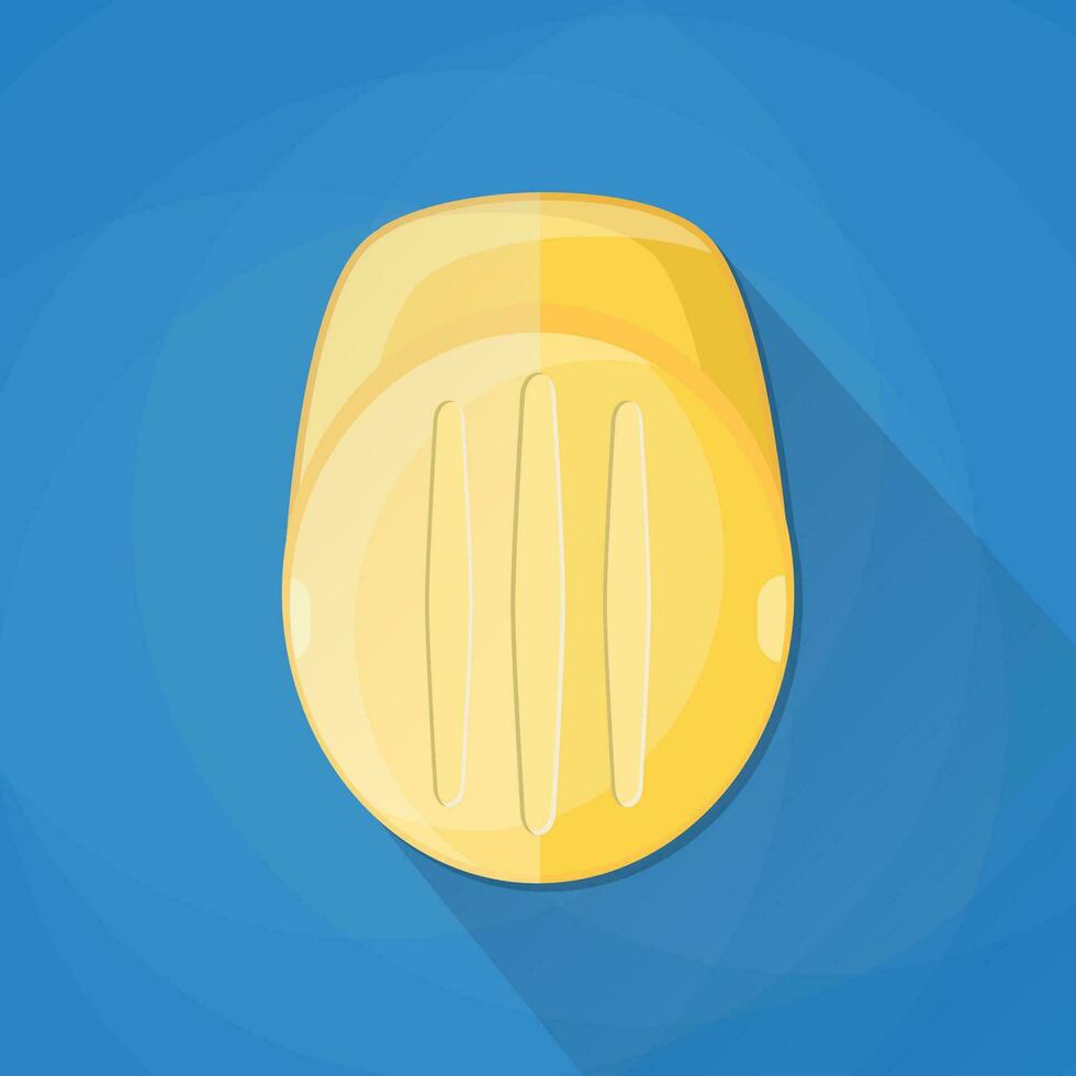 amarillo el plastico construcción casco icono con largo sombra. vector ilustración en plano diseño en azul antecedentes
