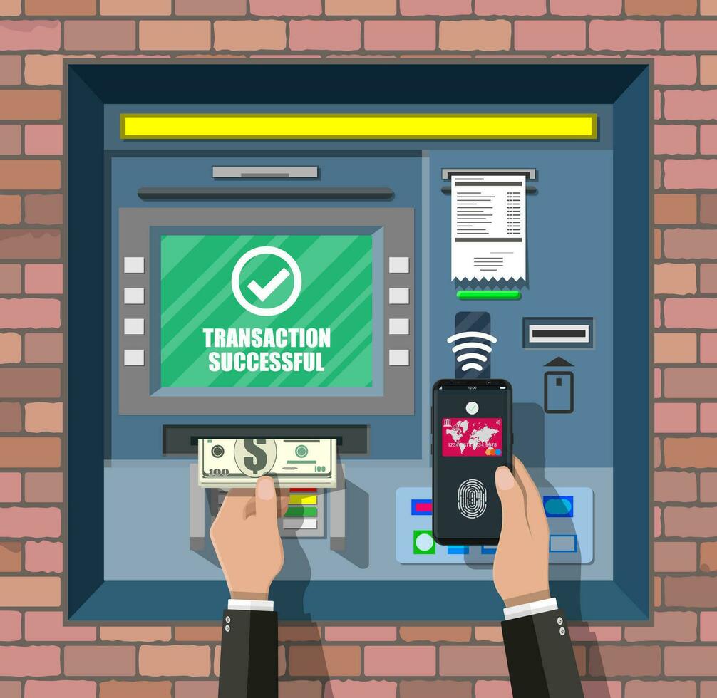 Bank ATM. Automatic teller machine. Program electronic device for payments. Withdrawing money with smartphone by wireless nfc technology with fingerprint sensor. Vector illustration in flat style