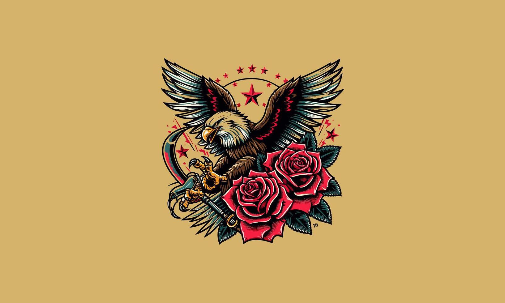 flying eagle and rose vector artwork tattoo design