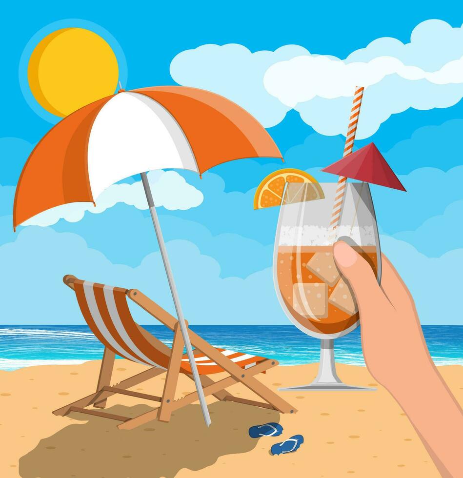 Glass of drink cocktail in hand. Landscape of wooden chaise lounge, umbrella, flip flops on beach. Sun with reflection in water and clouds. Day in tropical place. Vector illustration in flat style