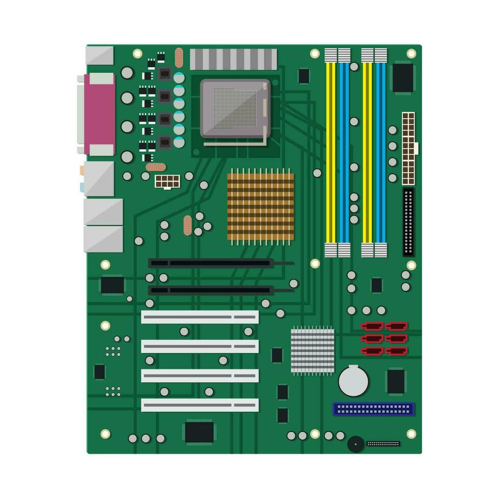 tarjeta madre aislado en blanco. ordenador personal hardware. componentes para personal computadora. tarjeta de circuito impreso icono. vector ilustración en plano estilo