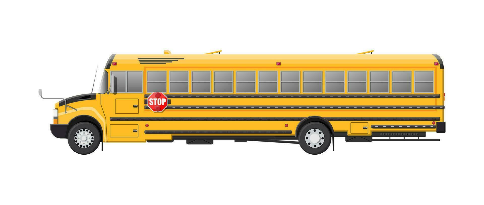Yellow long classic school bus. Kids riding schoolbus transportation. Education transport. Vector illustraation in flat style