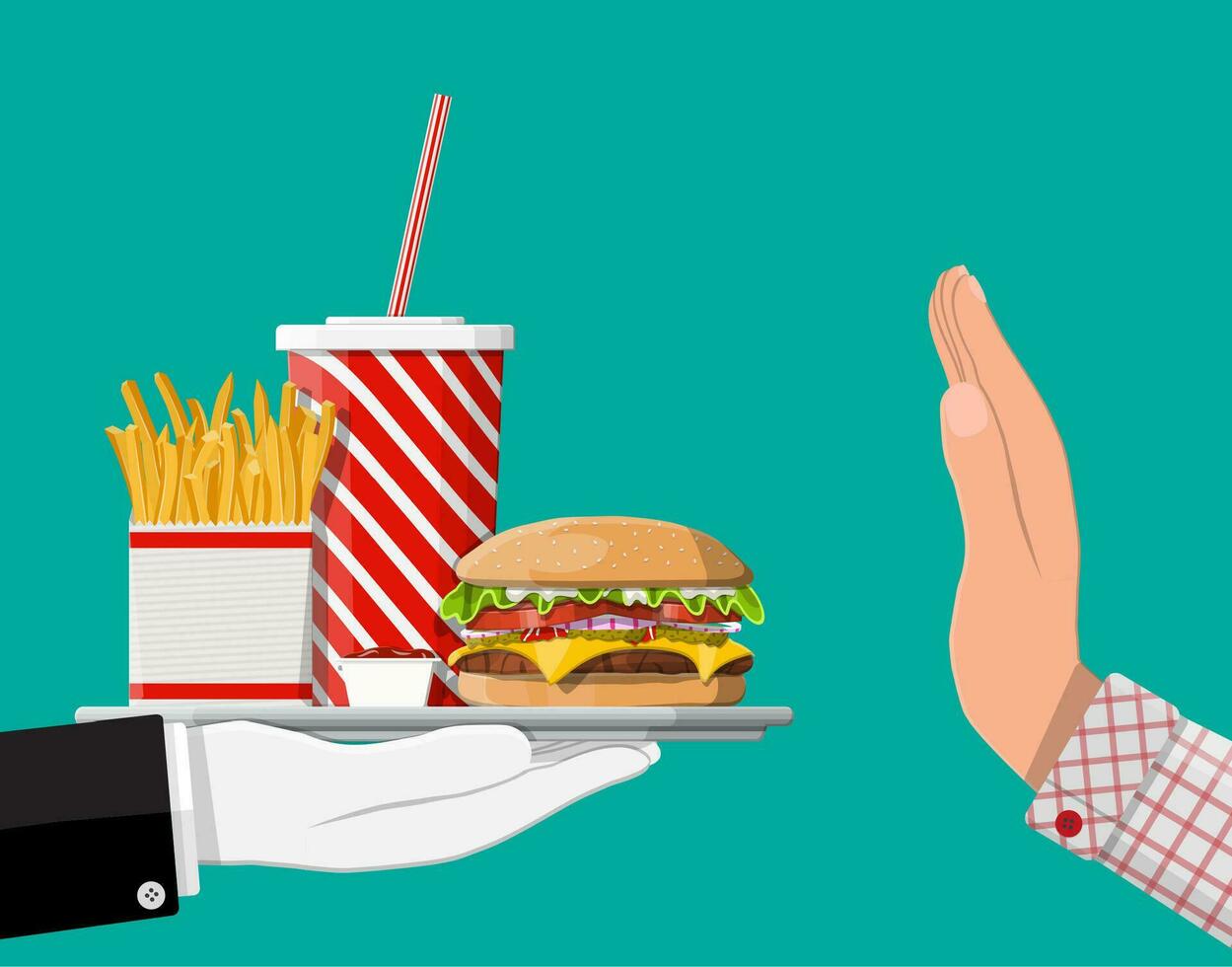 hombre se niega tomar rápido comida con mano gesto. rechazando basura alimento, meriendas. gordo, exceso de peso. taza de reajuste salarial con papas fritas y hamburguesa con queso. Comida rápida. vector ilustración en plano estilo