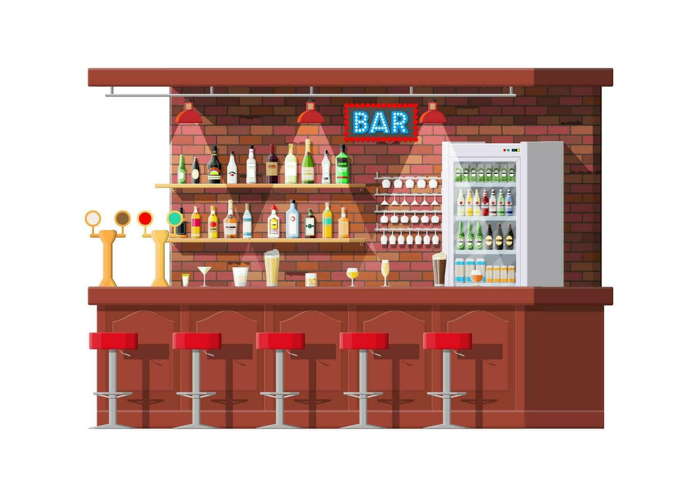 Drinking establishment. Interior of pub, cafe or bar. Bar counter, chairs and shelves with alcohol bottles, refrigerator. Glasses and lamp. Wooden decor. Vector illustration in flat style.