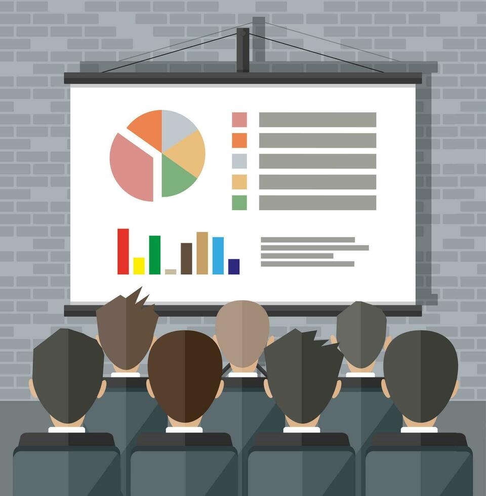 projector screen with financial report. Training staff, meeting, report, business school. vector illustration in flat style