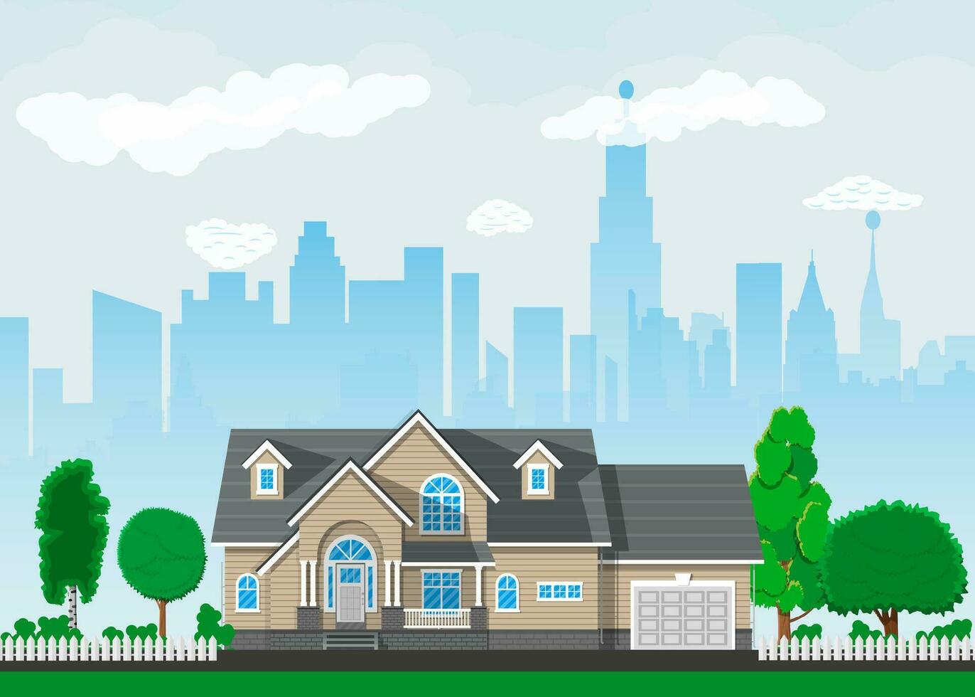 Private suburban house with trees, cityscape, sky and clouds. Vector illustration in flat style