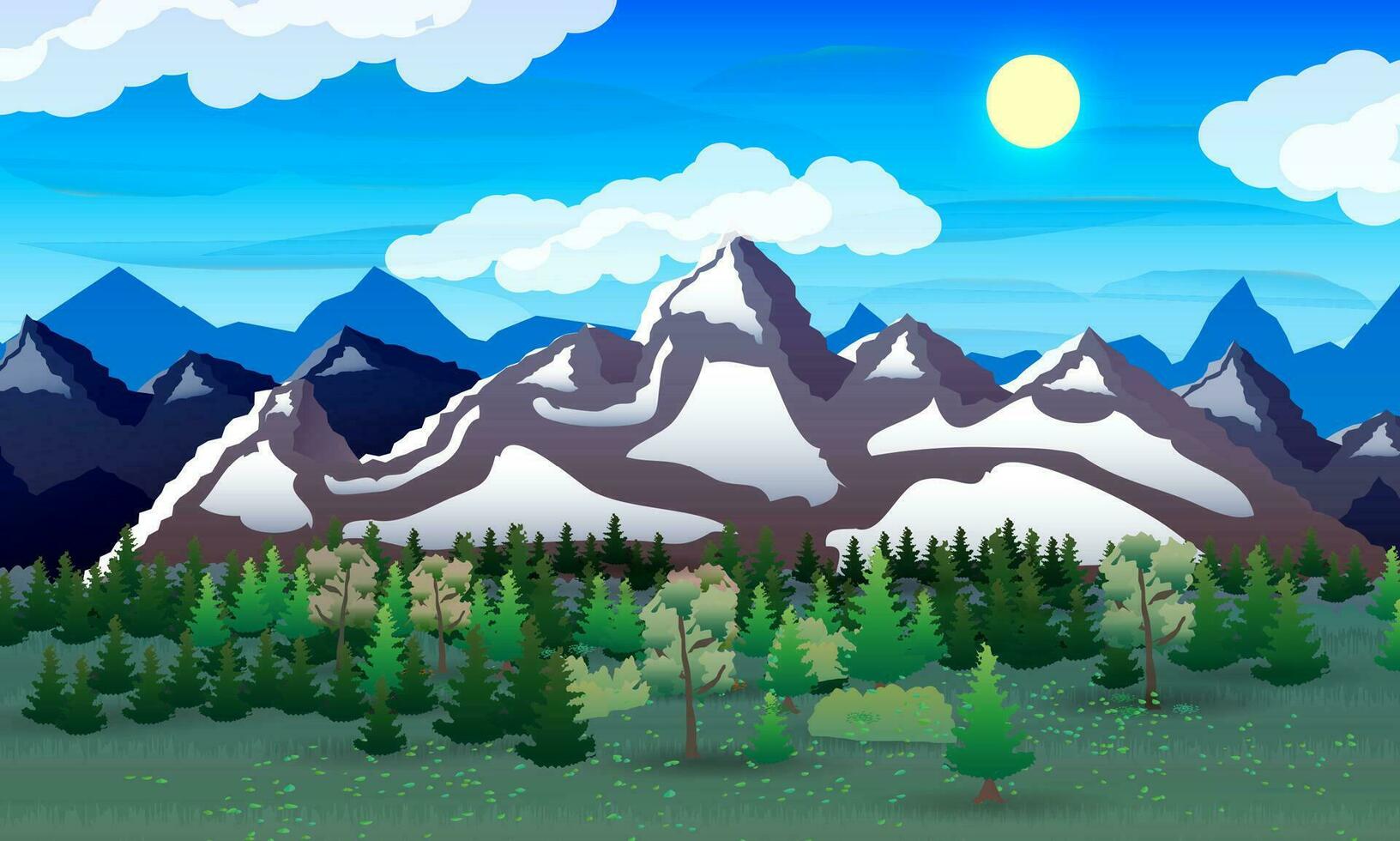 Night nature landscape with forest and mountains. Vector illustration