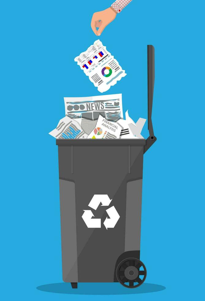 Trash recycle bin container for garbage full of paper. Bin for papers. Vector illustration in flat design