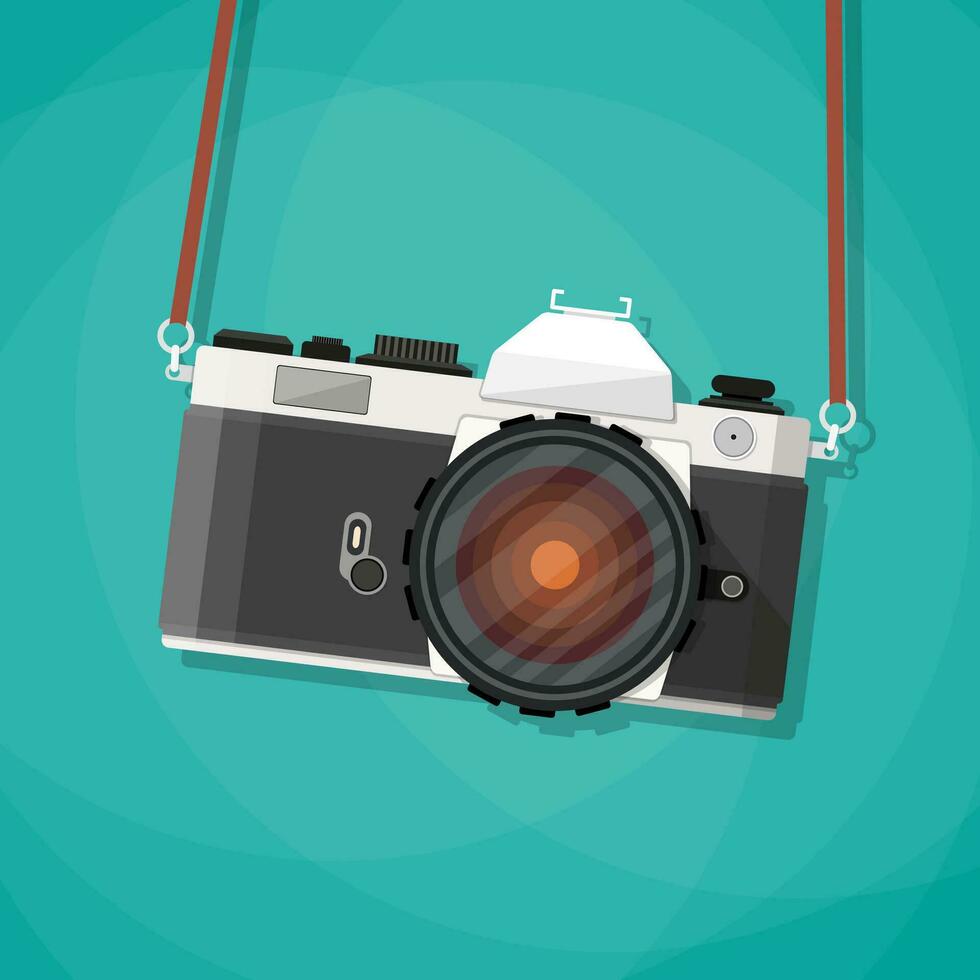 Old vintage photo camera with strap. Hanging retro camera. vector illustration in flat style on green background